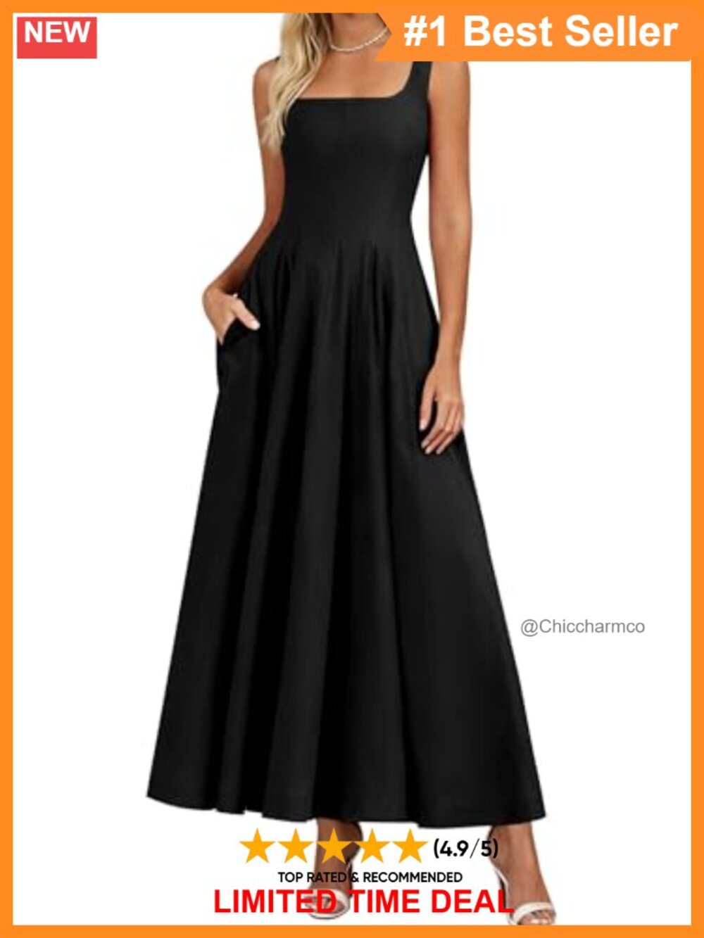 Square Neck Sleeveless A-Line Midi Dress Side Pockets Fit Flare